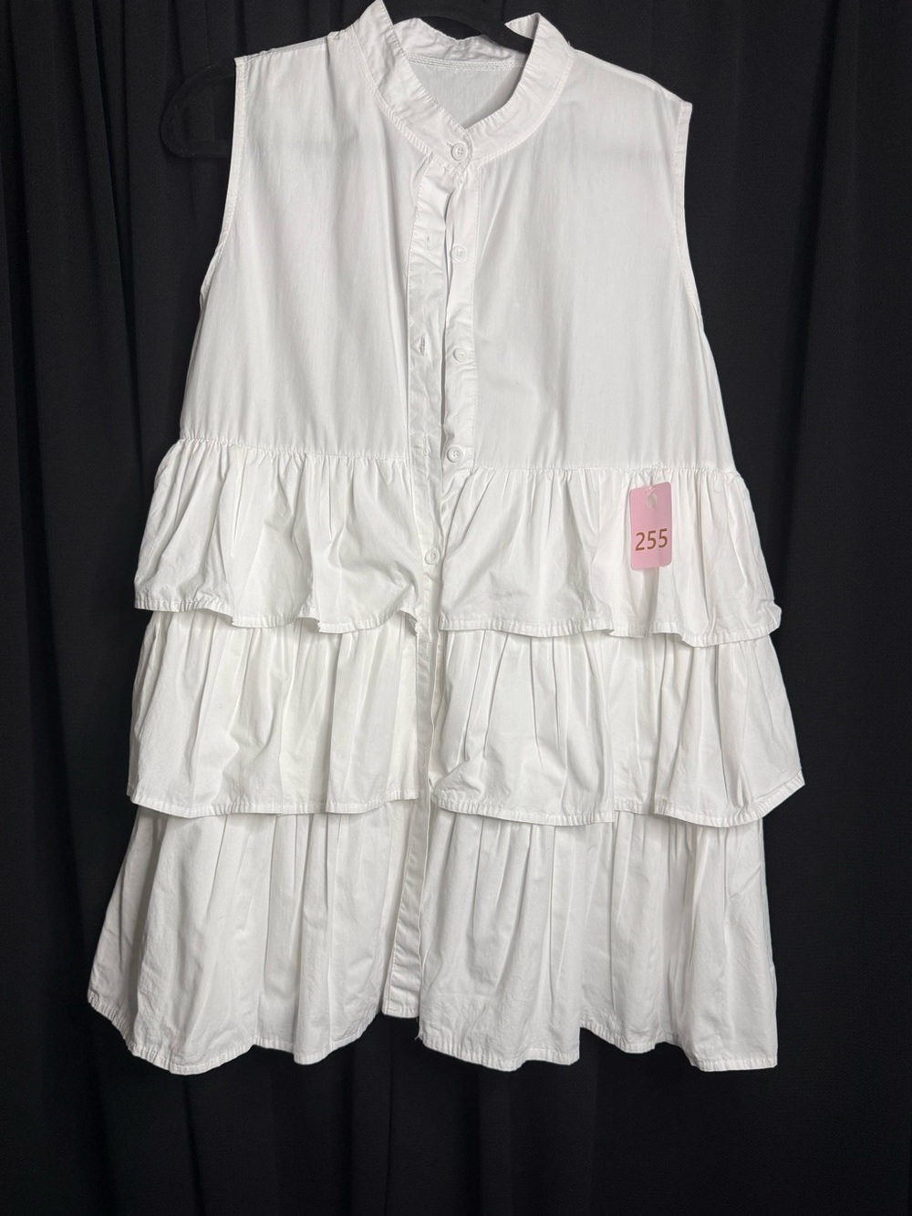 Sleeveless White Tiered Ruffle Button-Front Shirt